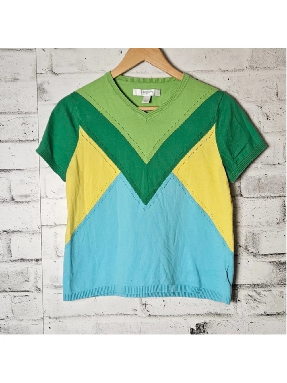 Liz Claiborne Golf Colorblock Knit Sweater Top Green Yellow Blue Size L
